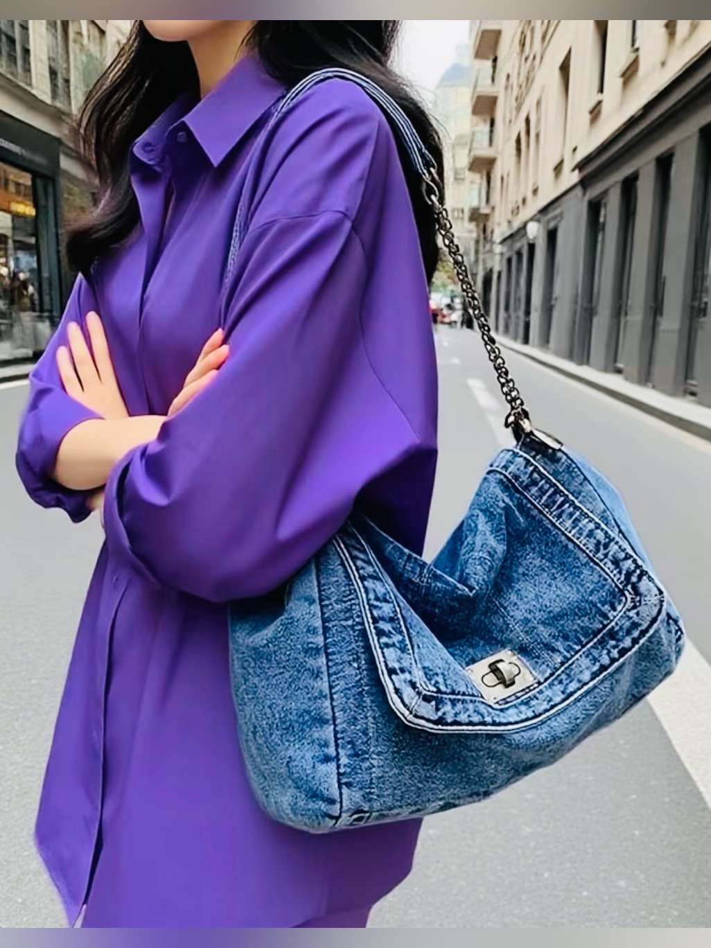 New - Vintage Style - Y2k - Distressed Denim Crossbody /Shoulder Bag - Med Blue